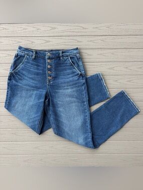 AEO Sz 8 Extra Long High Rise Mom Jeans Button Fly Blue